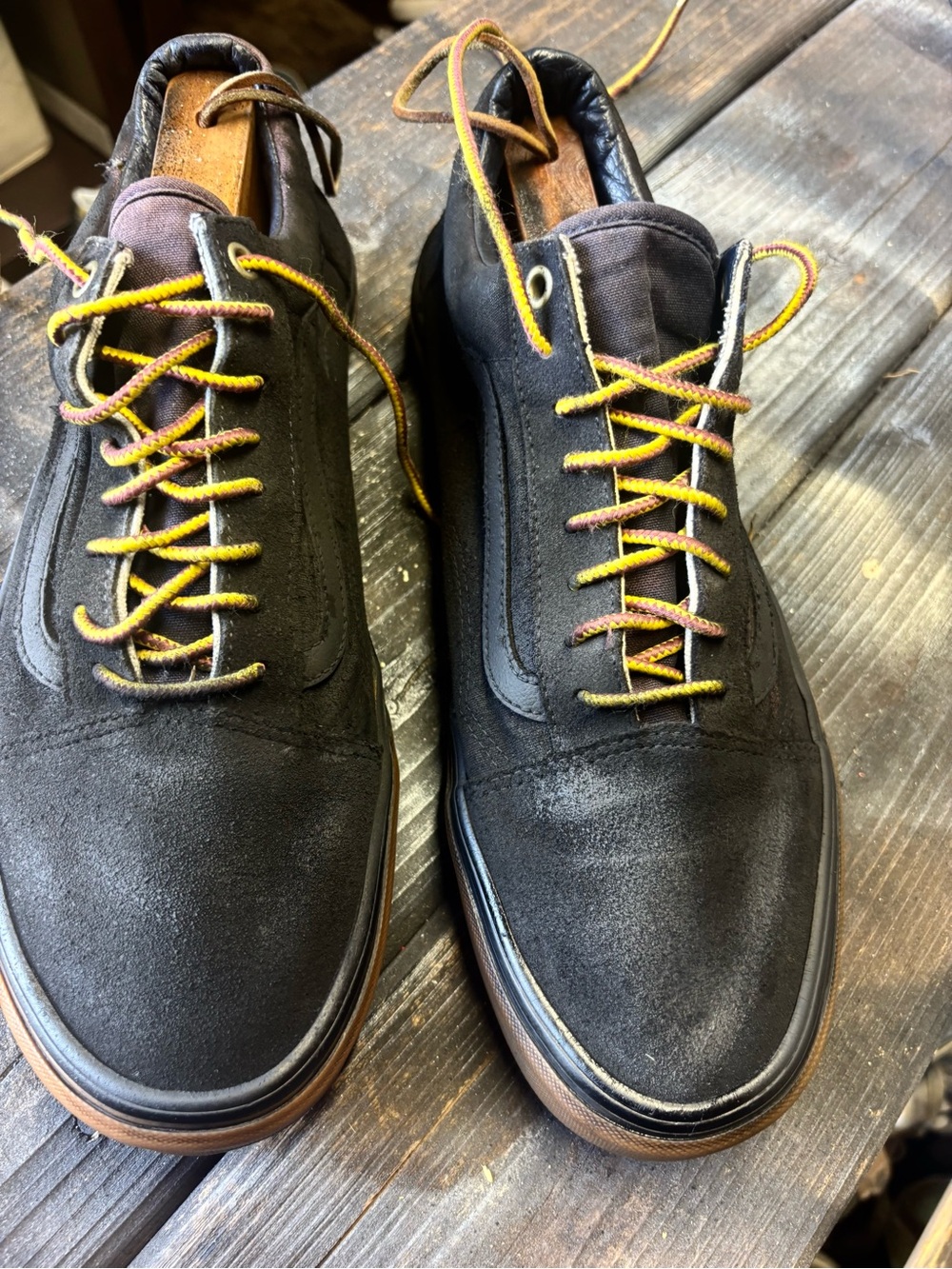 Vans Black Suede Sneakers with Yellow-Brown Laces